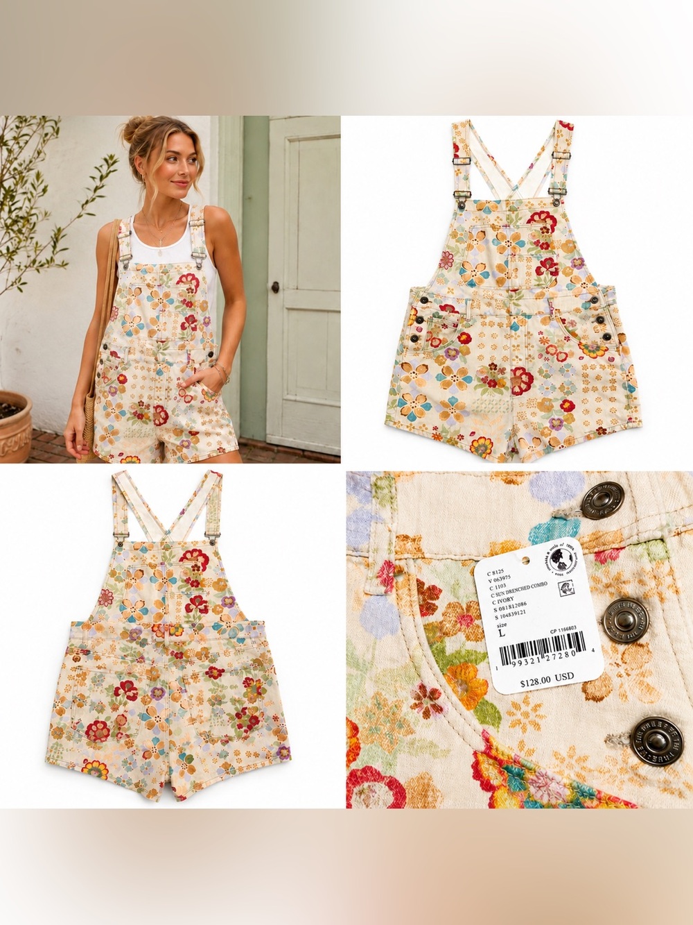 Free People Floral Overall Romper Shortalls NWT Size L Adjustable Straps